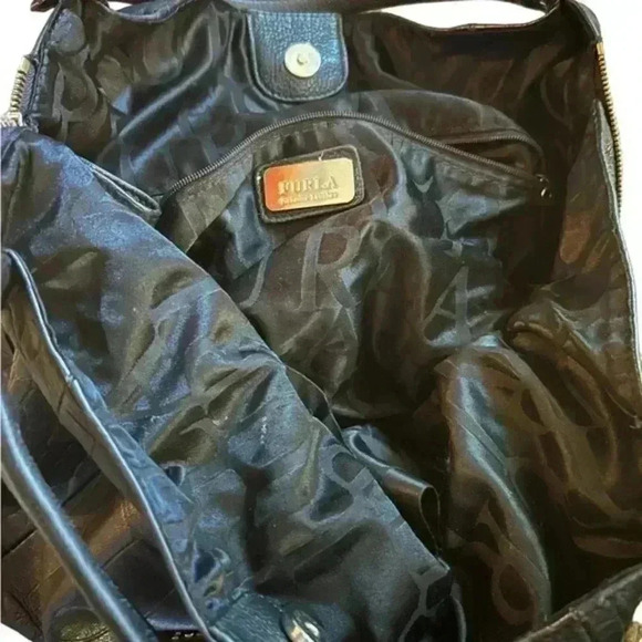 Furla Black Leather Croc‎ Embossed Shoulder Bag Purse - Picture 8 of 16